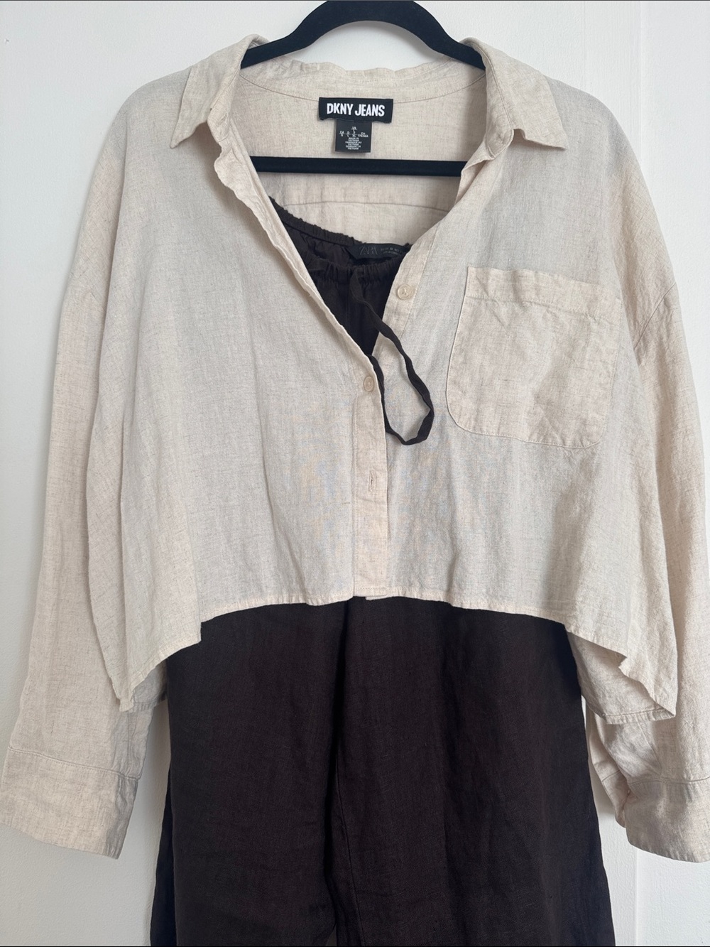 Shirt DKNY Jeans Cropped Linen Blend Blouse - Oatmeal - Size Large (L)